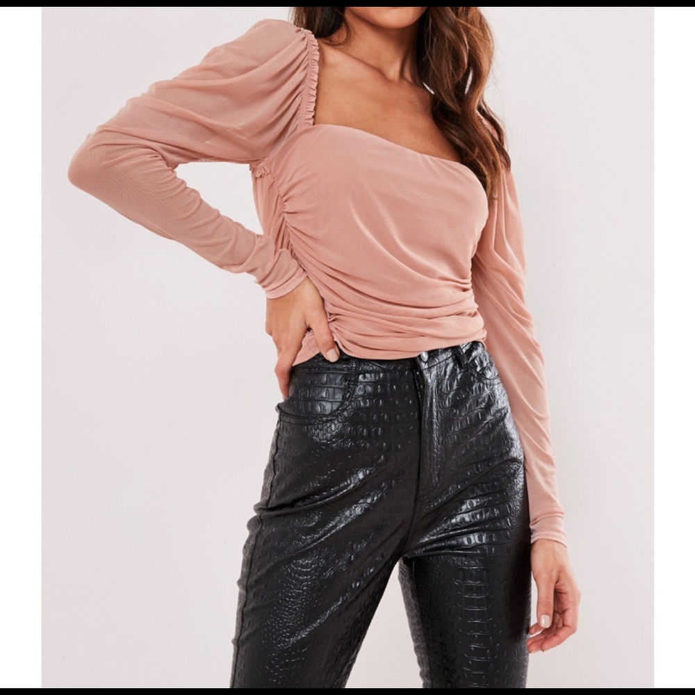 Blush mesh puff sleeve milkmaid top